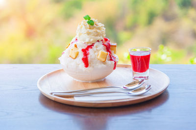 Close-up of ice cream in plate on table