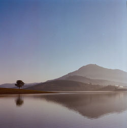 Scenic view of lake and mountains against sky