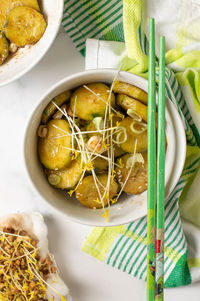 High angle view of food in bowl on table