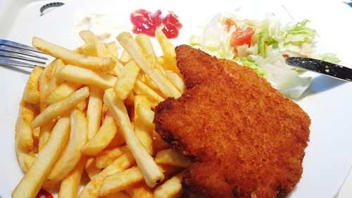 Close-up of fries with meat and vegetables on plate