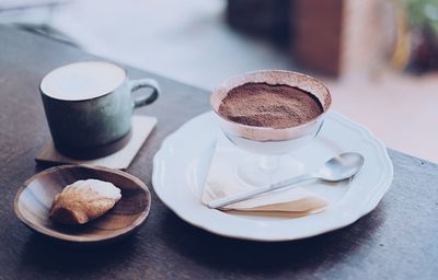 High angle view of breakfast and coffee on table