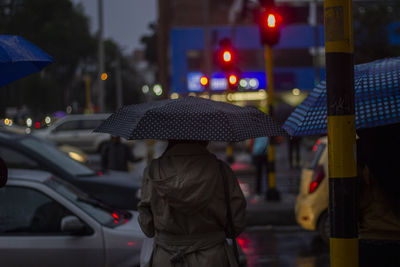 Rear view of people on wet street in city