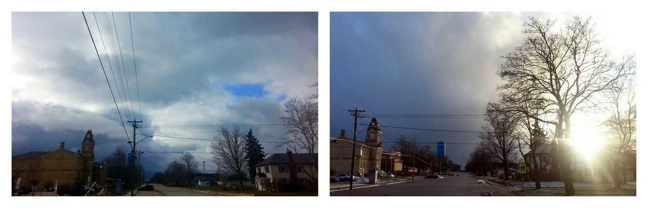 transfer print, sky, building exterior, built structure, architecture, cloud - sky, electricity pylon, auto post production filter, power line, fuel and power generation, electricity, cloudy, weather, street light, power supply, sun, cloud, connection, city, street