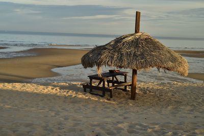  palm thatched beach umbrella on the sea of cortez at low tide, in san felipe, baja, mexico