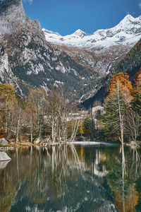 Scenic view of lake by snowcapped mountains against sky