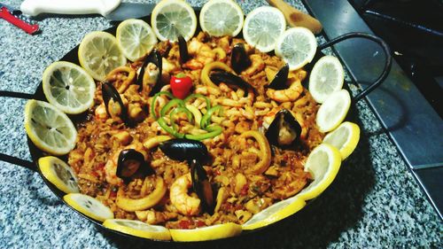 High angle view of serving food in plate