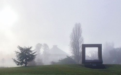 Trees on field in foggy weather against sky
