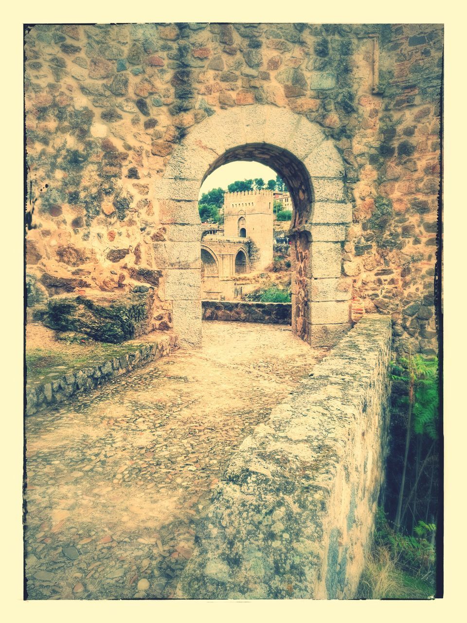 architecture, built structure, arch, auto post production filter, transfer print, building exterior, house, day, the past, outdoors, the way forward, archway, damaged, history, weathered, leading, stone material, no people, worn out