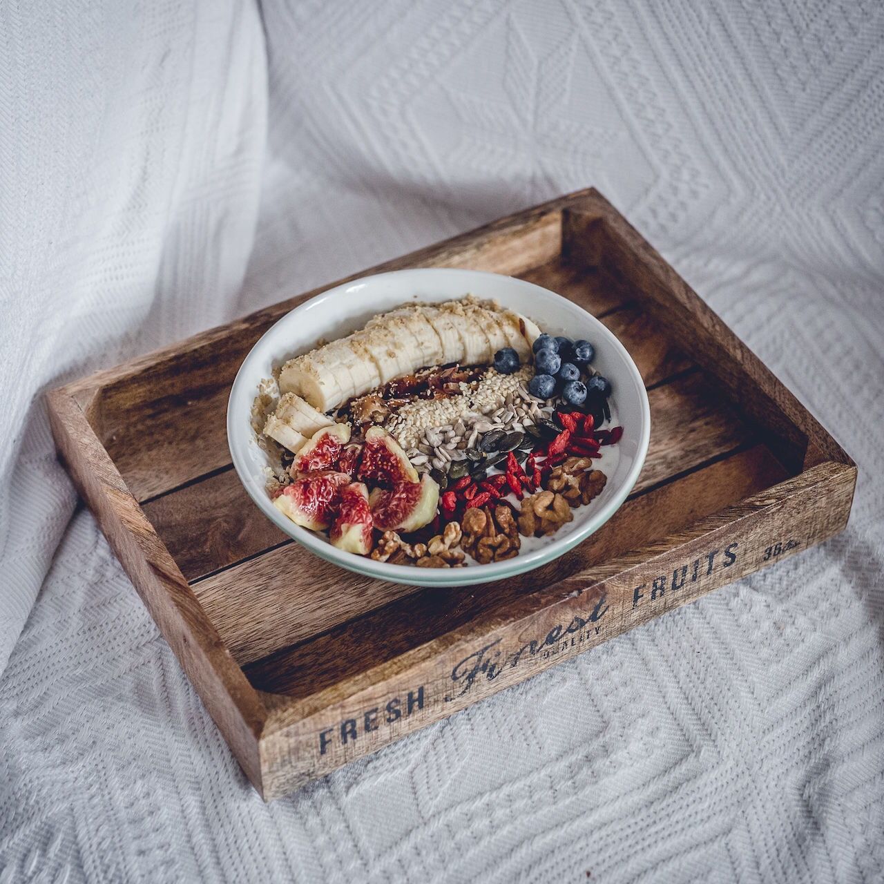 food and drink, indoors, food, table, freshness, still life, ready-to-eat, plate, high angle view, healthy eating, directly above, bowl, serving size, indulgence, fork, meal, wood - material, tablecloth, close-up, no people