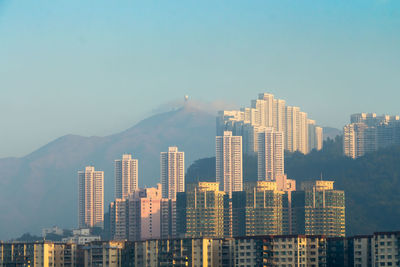 View of cityscape against clear blue sky