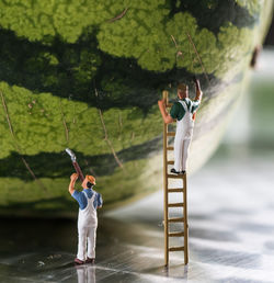 Close-up of figurines with watermelon on table