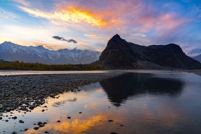 Scenic view of lake against sky during sunset