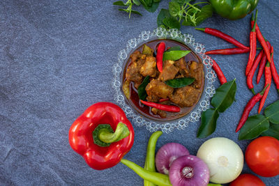 High angle view of fruits and vegetables on table