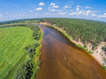 Aerial view of mologa river amidst forest against sky