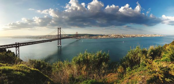 View of suspension bridge over sea