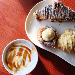 High angle view of dessert served on table