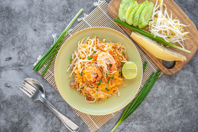 High angle view of food in plate on table