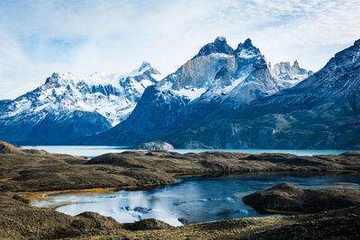 Scenic view of snowcapped mountains against sky