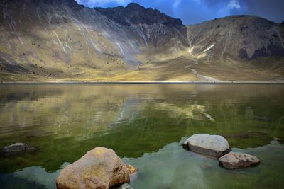 Scenic view of lake and mountains against sky