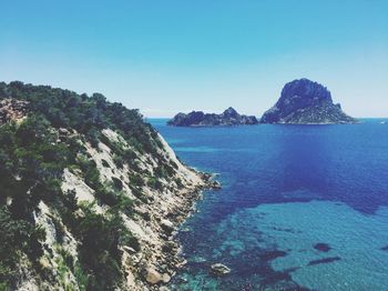 Scenic view of sea against clear blue sky