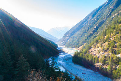 Scenic view of river amidst mountains against sky