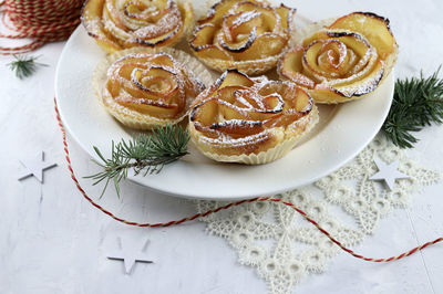High angle view of dessert in plate on table