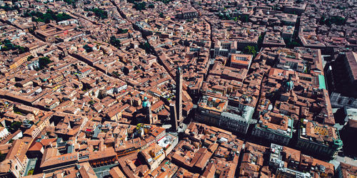 High angle view of illuminated city buildings