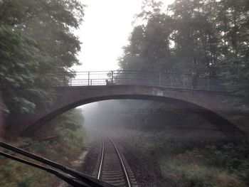 Railroad tracks seen through train windshield