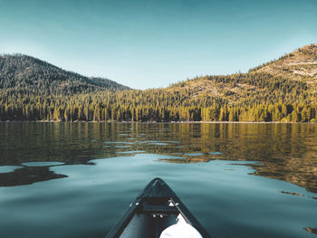 Scenic view of lake in forest against clear sky