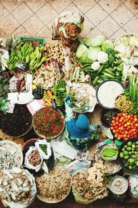 High angle view of various vegetables on display at market