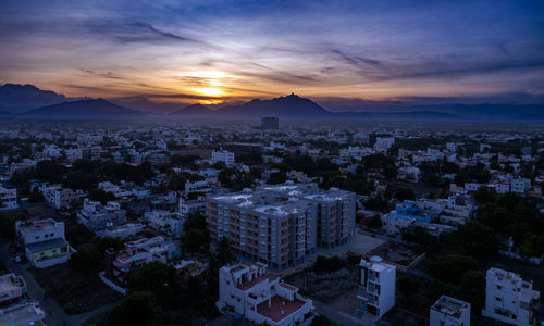 High angle view of townscape against sky during sunset