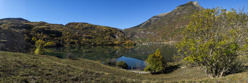 Scenic view of lake and mountains against clear sky