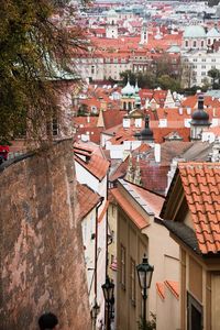 High angle view of houses in town