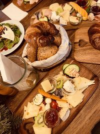 High angle view of food served on table