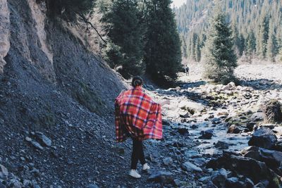 Rear view of woman walking in forest