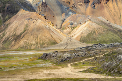 Green volcanic hills and trails in icelandic highlands