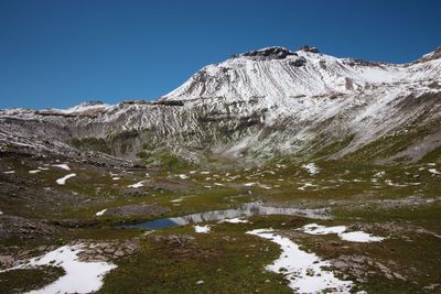 Scenic view of snowcapped mountains against clear blue sky