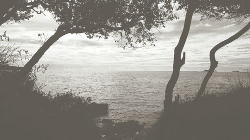 Scenic view of calm sea against cloudy sky