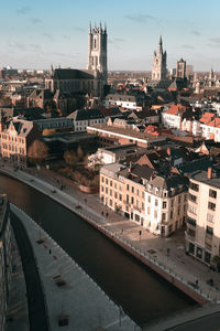 High angle view of canal and buildings in city