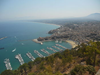 High angle view of boats in sea