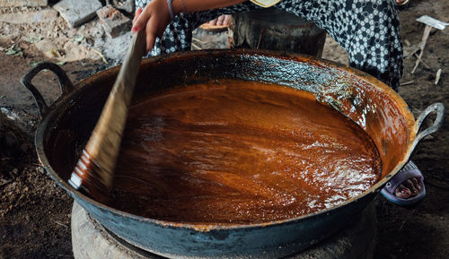 High angle view of person preparing food