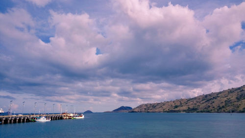 Scenic view of bay against sky