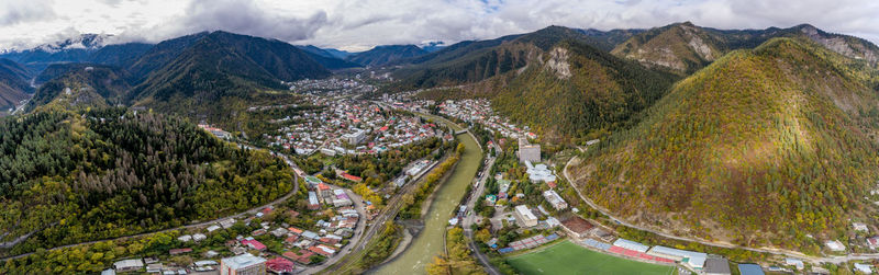 High angle view of road amidst mountains against sky