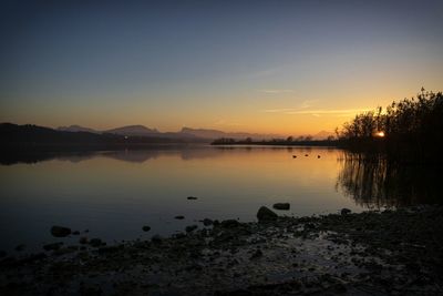 Scenic view of lake against sky during sunset