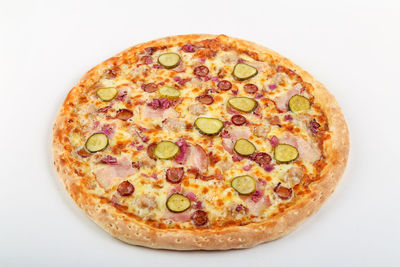 High angle view of pizza against white background