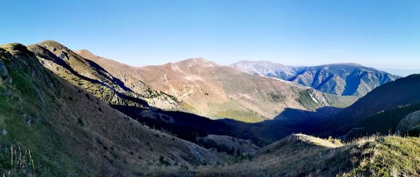 Scenic view of mountains against clear blue sky