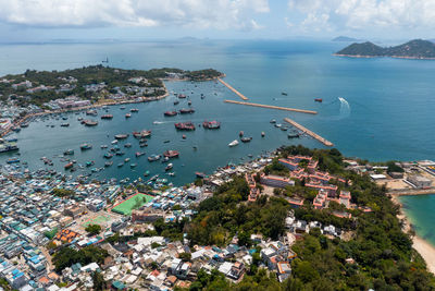 High angle view of boats in sea