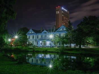 Buildings lit up at night