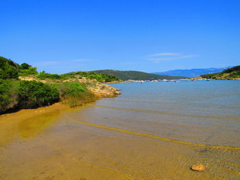 Scenic view of sea against clear blue sky