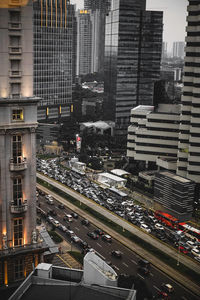 High angle view of city street and buildings